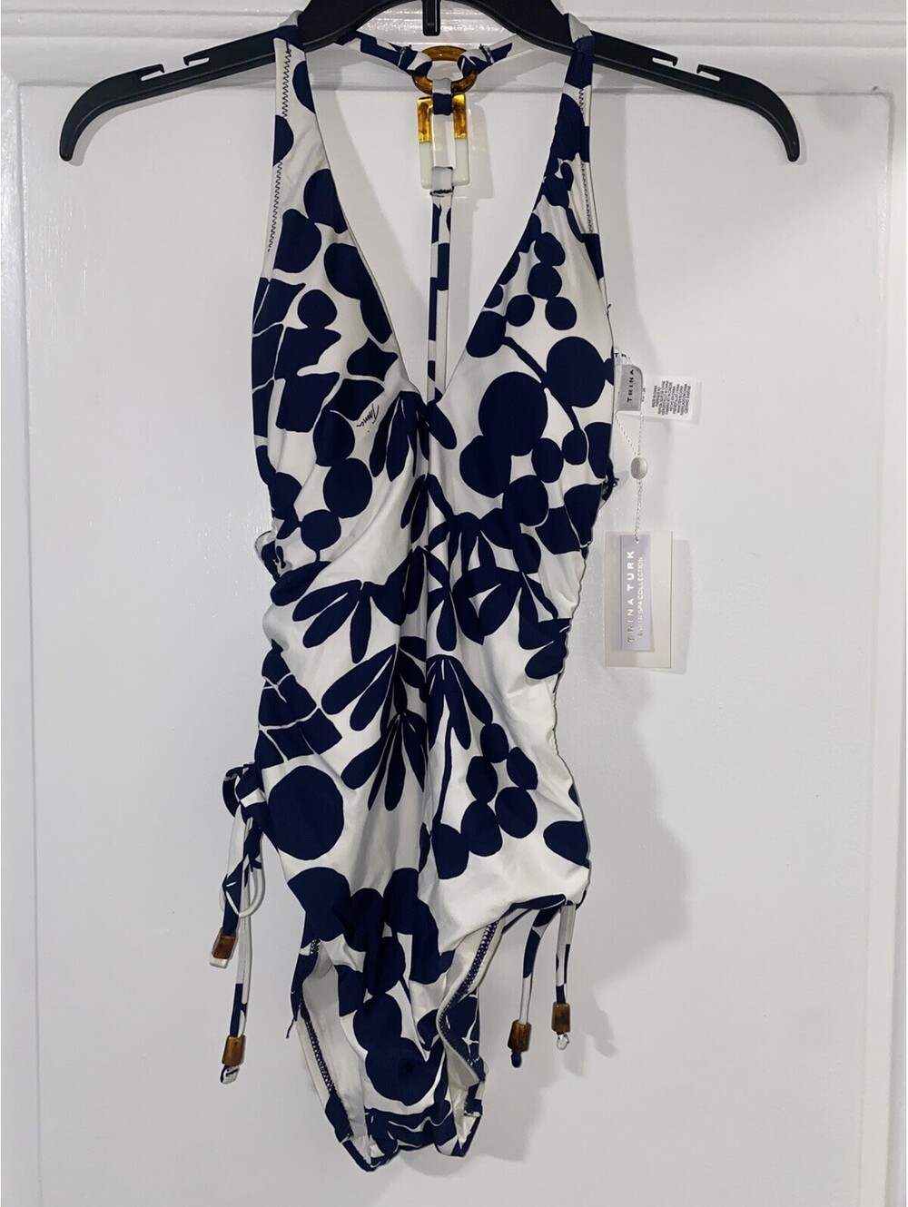 Trina Turk White Blue Floral Drawstring One-Piece bathing Suit Swimsuit Size 2 - Picture 6 of 7